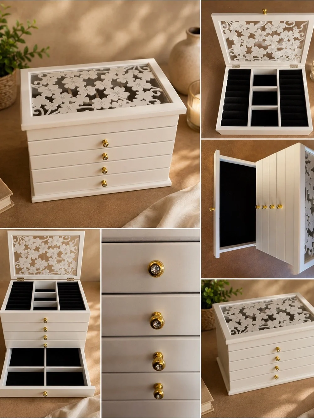 White Floral Glass Top Jewelry Organizer Box with Gold Knobs